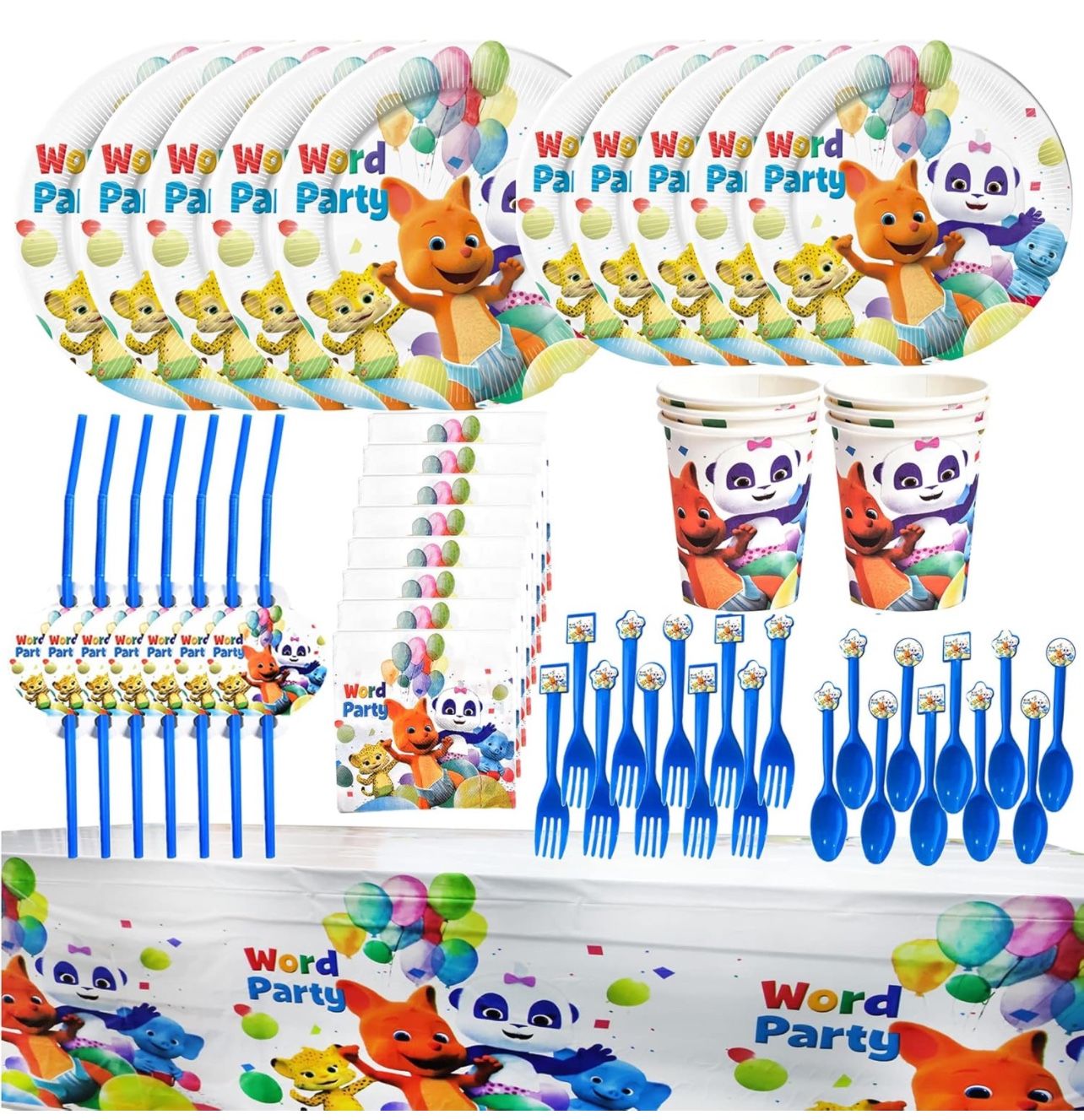 Word Party Birthday Party Decorations, Word Party Plates, Straws, Paper cups, Fork, Spoons, Tablecloth, Napkins Word Party Party Supplies Kids Shower