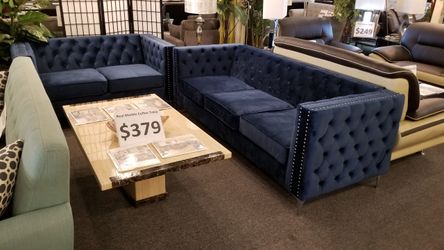 Brand new blue or gray tufted velvet modern sofa + loveseat 2PCs set 
