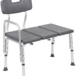 New Adjustable Gray Bath and Shower Transfer Bench with Back and Side Arm