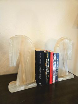 Large Pair Of MCM Polished Hand Carved White Onyx Stone Horsehead Bookends