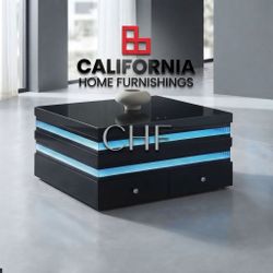 Contemporary Black Glass Top Cocktail Table , Modern LED Smart Coffee Table with Wireless Charger & Bluetooth Speaker with Storage