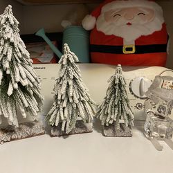 Set Of Three New Christmas Trees And Glass Snowman