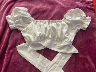 White ruffle short sleeve crop top off shoulder, self tie bow