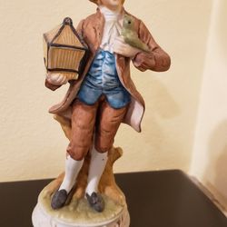 Victorian Man With Bird And Cage Hand Painted Porcelain Vintage Figurine 8" Tall
