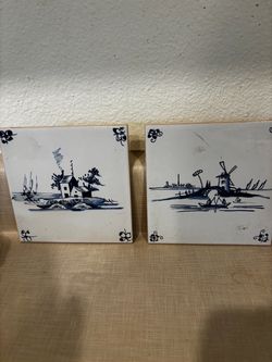 Delft Blue and White Ceramic Tiles Pair