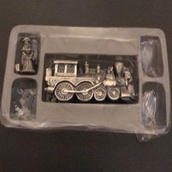 Pewter Steam Locomotive and Lady Traveler Figurines
