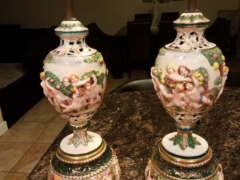 1950 Capodimonte porcelain garden of eden cherub lamps
