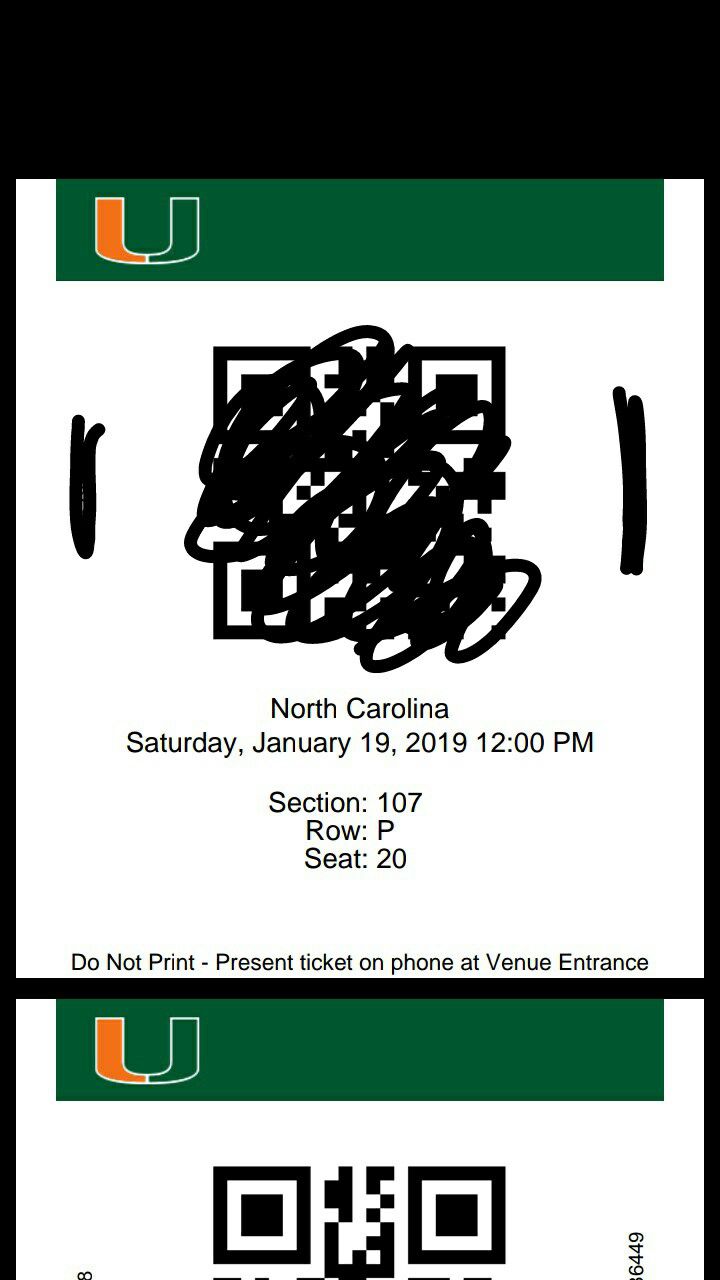 CANES VS NORTH CAROLINA TICKETS FOR TOMORROW 1/19 SOLD OUT GAME