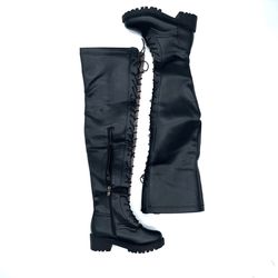 Over The Knee Lace Up Boots Combat Boots Leather Winter Shoes Slim Fit Boots Lined Fur Shoes Slip-on 