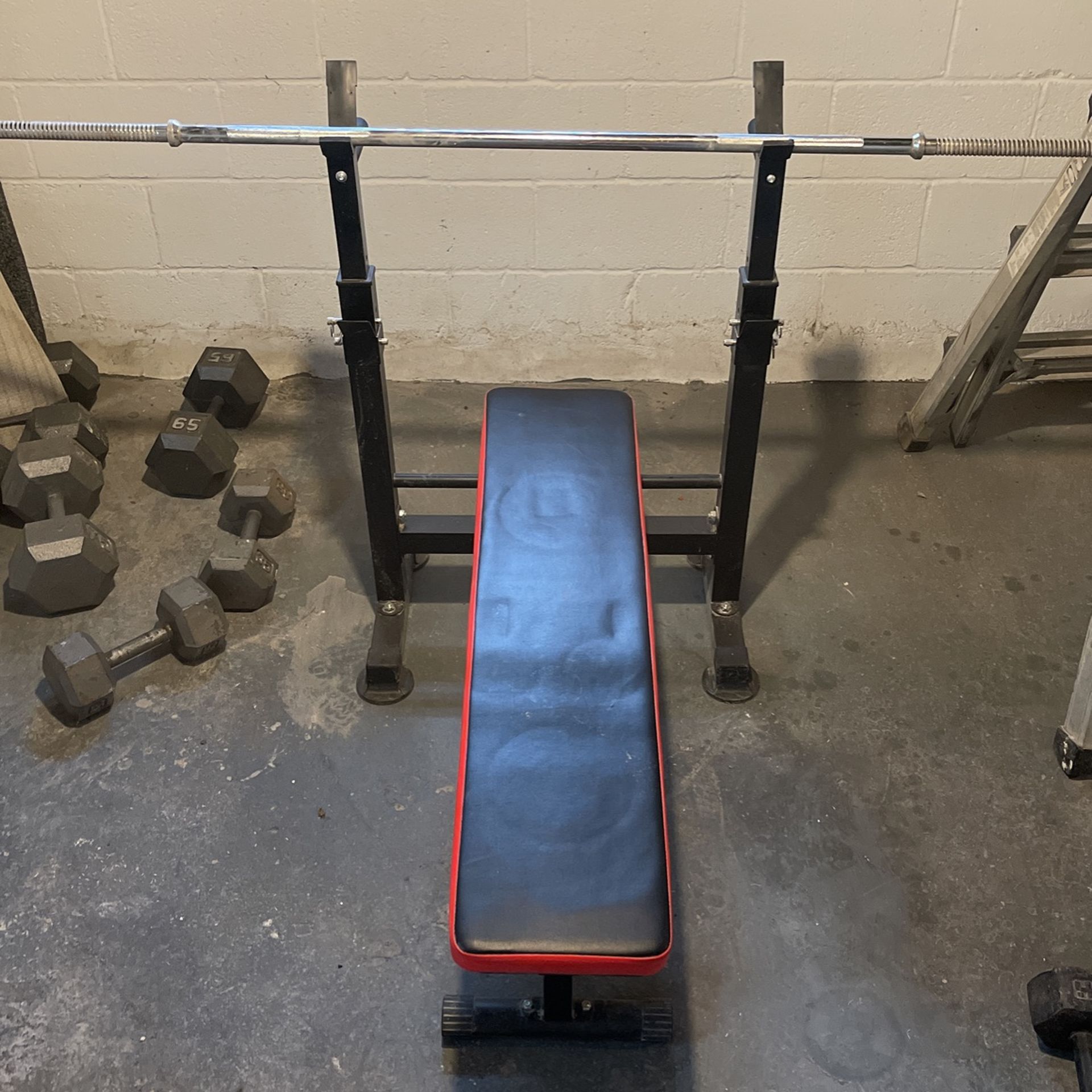 Bench Press With 1inch Barbell, EZ Curling Bar, 23lbs Of Weights, 2 Clamps