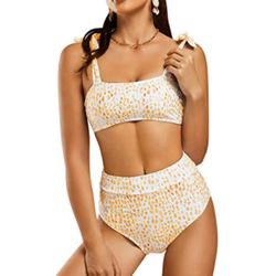 Ferbia Women's High Waisted Padded Bandeau Bikini Swimsuit w Bows, Yellow, XL NWT