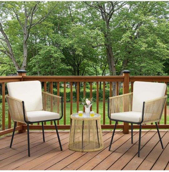 3 Piece Patio Rattan Bistro Set, Outdoor All Weather PE Wicker Conversation Furniture Set 615125
