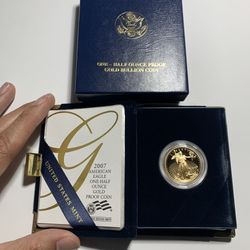 2007 W $25 Gold American Eagle Proof 1/2 Oz Coin W/ COA & BOX
