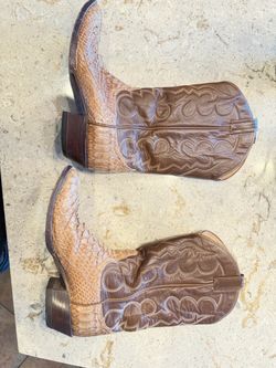 Vintage Tony Lama Snakeskin Cowboy Boots – Tan & Brown – Made in USA