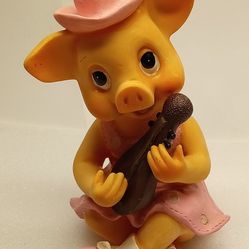 VTG Anthropomorphic Girl Pig Playing Mandolin Pink Polka-dot Dress Coin Bank 6.5