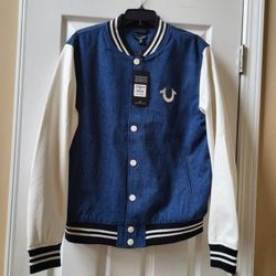True Religion Men's Denim Varsity Jacket Size S NWT 