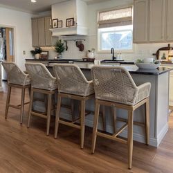 PURPLE LEAF Rattan 29" Bar Stools Set of 4 Patio Aluminum Barstools with Back and Cushions - TEAK - Bar Height