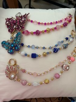 3 Sparkly Bag Charm Bundle pack. Pink, Blue Butterflies and Sea shell