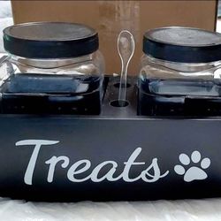 NEW! Dog Treat Container Food Storage w/ 2 Plastic Treat Containers, Black wood w/ metal handles (10x5x4)
