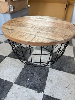 Wood Top, Metal Cage Bottom Coffee Table Good Condition