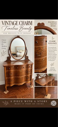 Antique Vintage Oak Dresser with Oval Mirror