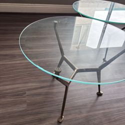Two - Small  Glass Top Aluminum Tripod Coffee Tables
