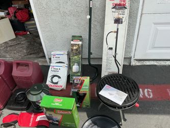Coleman gear assorted lanterns ,stove, barbque,  and other gear