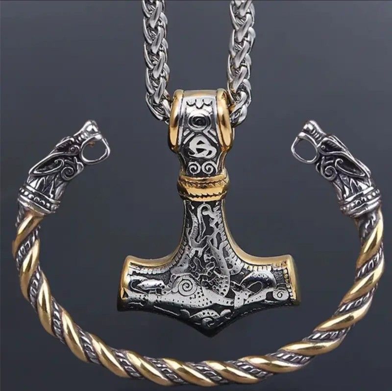 Nordic Viking Wolf Head Thor's Hammer Men Women Mjolnir 2-Tone Necklace & Bracelet Set