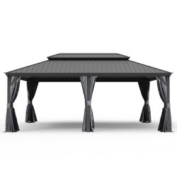14' X 20' Hardtop Gazebo, Upgraded Metal Gazebo with Drainage System, Dual-Layer Galvanized Steel Roof, Curtain and Netting, Outdoor Shelter Canopy fo