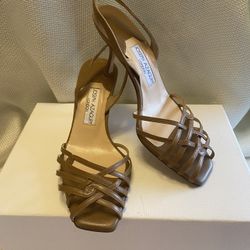 Excellent condition Joseph Azagury London strappy cage woven slingback heel sandals square toe all leather uppers and soles in size 38 or USA equivale