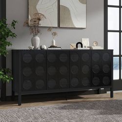 Modern Storage Buffet Cabinet with Unique Geometric Circle Door Design, Solid Wood Sideboard with Adjustable Shelves, Black 