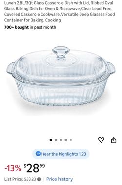 Luvan 2.8L/3Qt Glass Casserole Dish with Lid, Ribbed Oval Glass