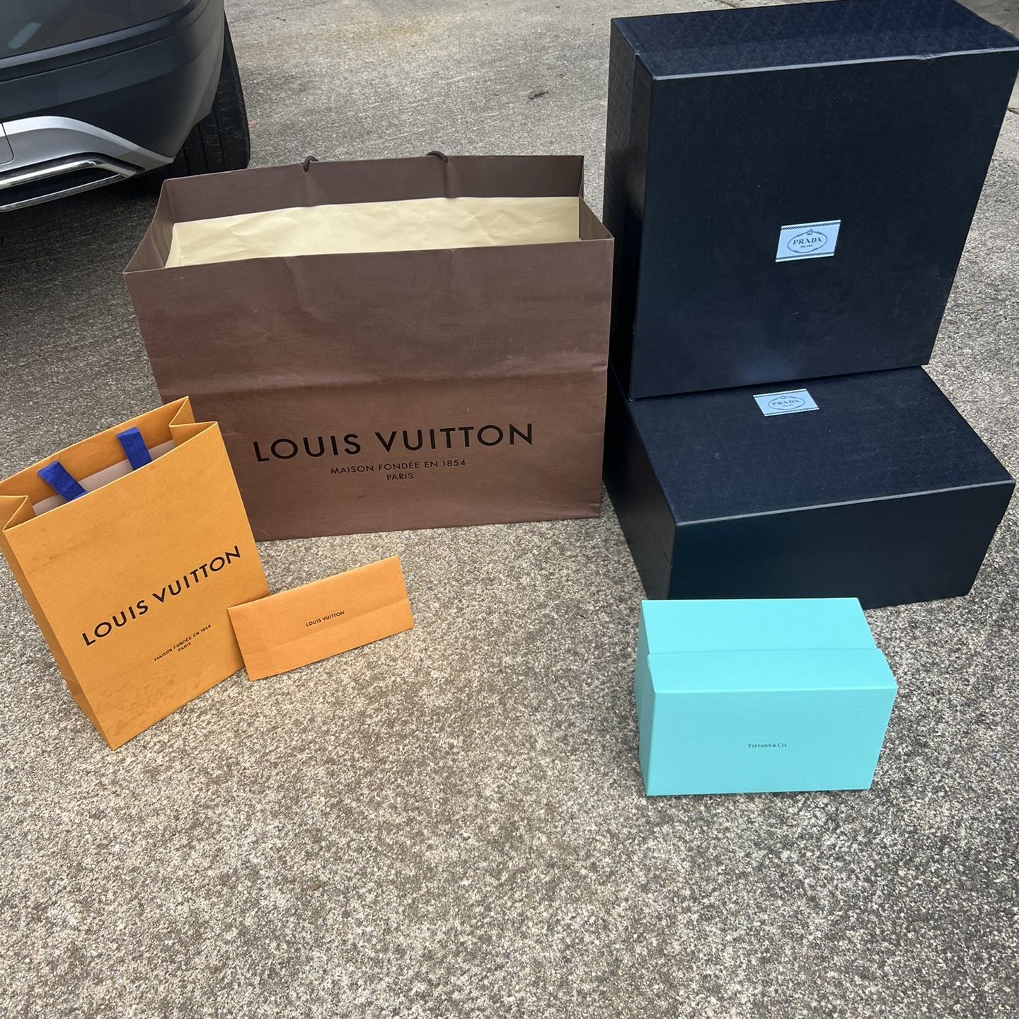 Lot Of Louis Vuitton Gift Bags, Large Prada Gift Boxes, And