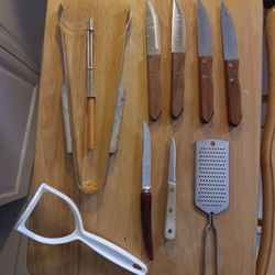Kitchen Utensils Lot- Knives, Tongs, Grater Peeler