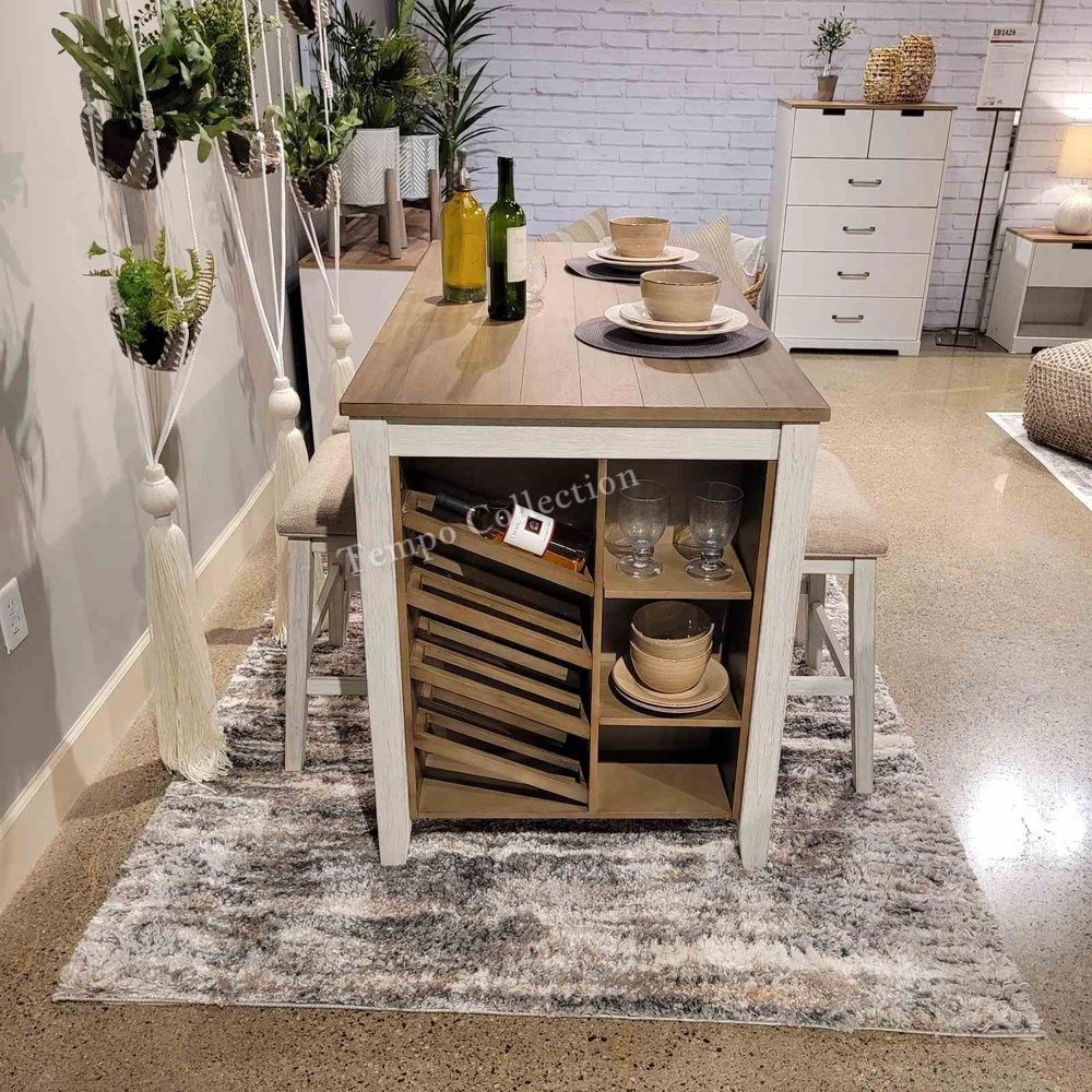 Counter H. Table W/ Wine Rack and Shelves, 5 Pcs Set, 1 Table, 4 Chairs, SKU#10D394-4S