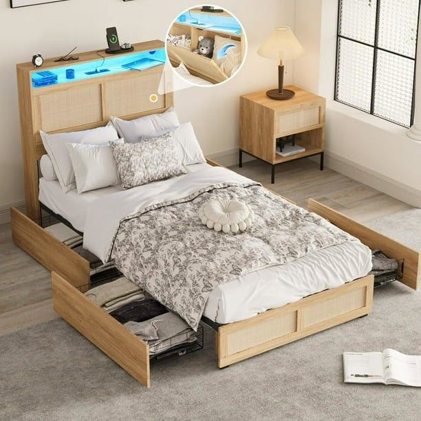 *Brand New* Twin Size LED Bed Frame with Rattan Storage Headboard & 4 Storage Drawers