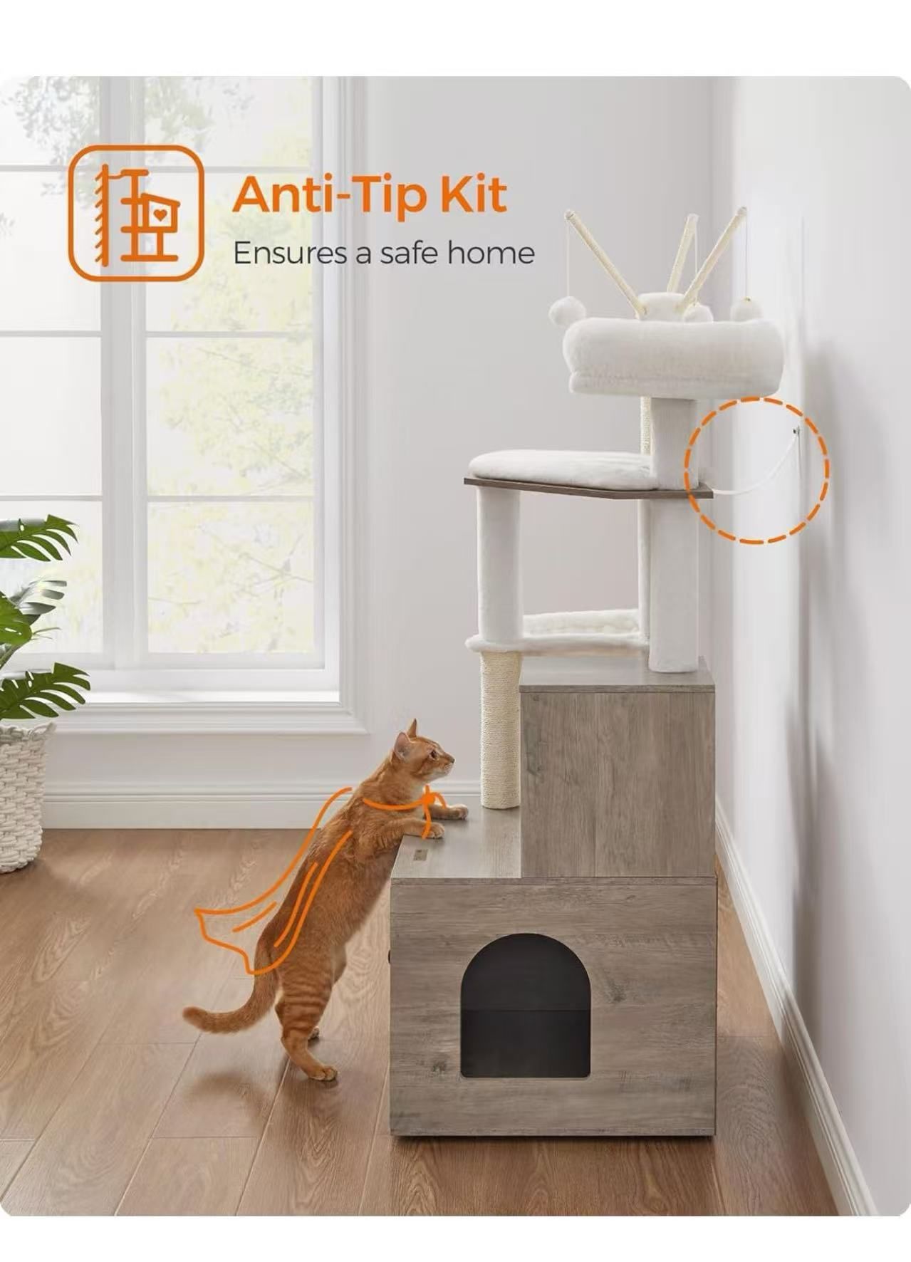 Cat Tree with Litter Box Enclosure, 2-in-1 Modern Cat Tower, 55.1-Inch Cat Condo with Scratching Posts, Removable Pompom Sticks, Greige