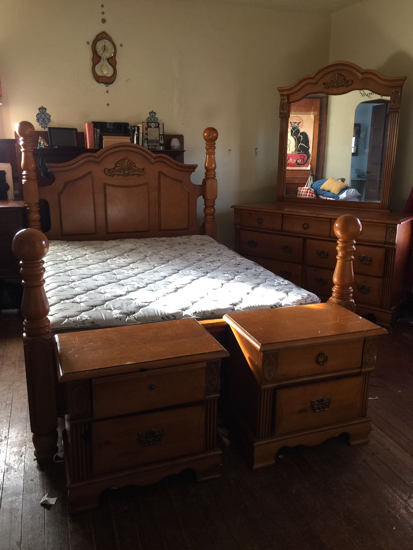 Beautiful engraved wood bed set- bought for $3500 selling for $700 OBO 2 1/2 years later... Queen size Matteess and bed frame- Full size dresser and