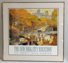 Vintage 90s Lithograph New York Marathon 1992 Framed Matted Dated 30" x 29"
