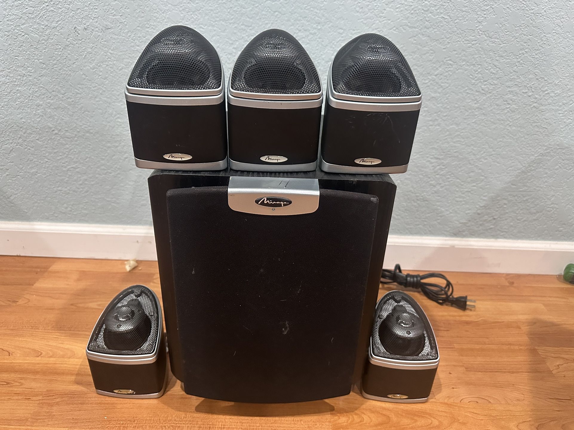 5 X Mirage NanoSat Nano Satellite Speaker-1 and OMNI-S8 powered subwoofer