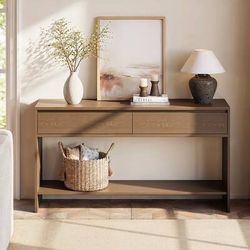 55'' Console Table with 2 Drawers, 4 Solid Wood Legs - Walnut