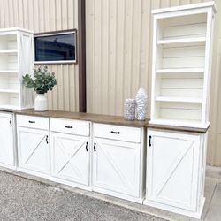 Custom TV Stand Cabinet Entertainment Center TV Lift Modern Rustic Farm House Barn Doors Console Handmade Restorations hardware Insp. Bookshelves 