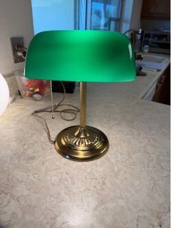 Emerald Glass Heavy Base vintage brass bankers lamp