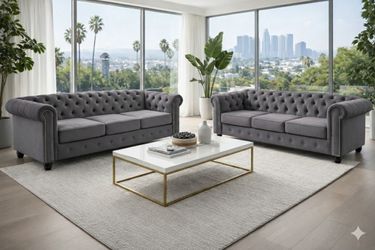 2pcs 82inch Sofa Set 3seaters And 3 Seaters Chesterfield Button Tufted Gray Velvet fabric Living room Set