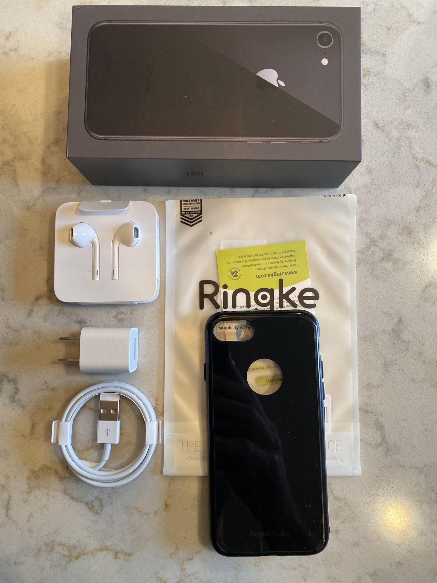 iPhone 8 Accessories - New Charger & Earbuds + Ringke Fusion Case