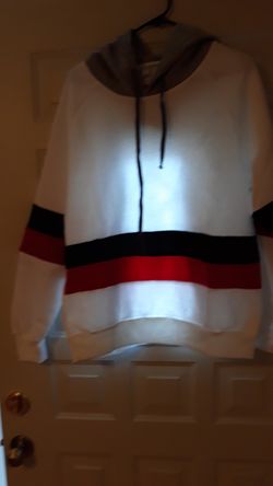 White hoodie w/black and red strips, w/gray hood