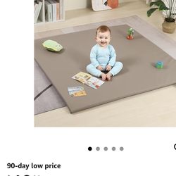 50"x50" Premium Baby Play Mat, Thick Memory Foam with Wipe-Clean Leather Cover, Non-Slip & Machine Washable Floor Mat for Tummy Time, Crawling and Fam