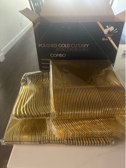 Polished gold plastic cutlery 200 pieces