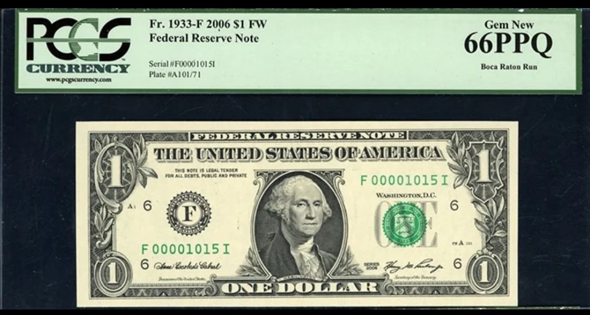 2006 Federal Reserve Note "Very Low Serial #" PCGS Gem New 66PPQ