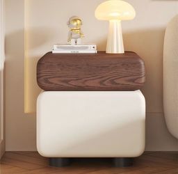 Wood Bedside Table, Leather Nightstand, Modern Creative Nightstand with Hidden Handles, Storage Side Cabinet with 2 Drawers, Minimalist Side Table for